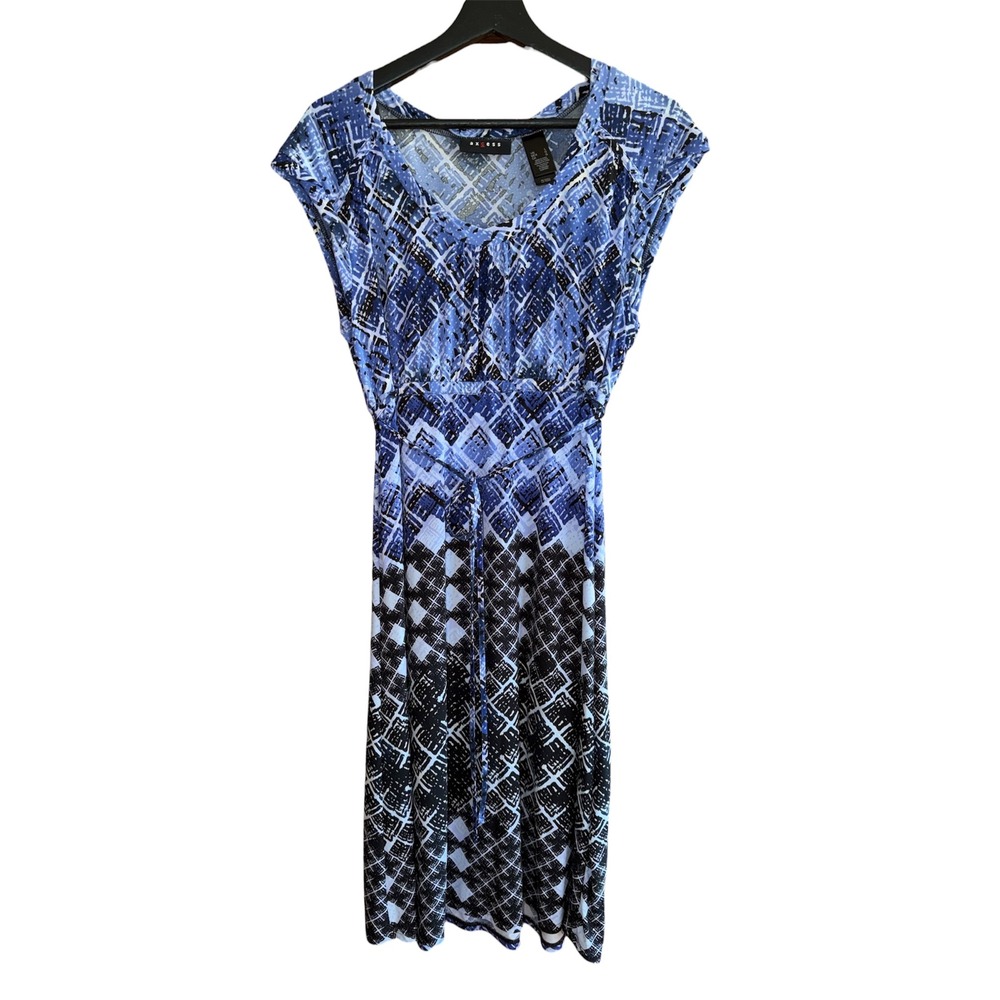 Axcess Womens L Blue Black Abstract‎ Print Tie Waist Jersey Dress